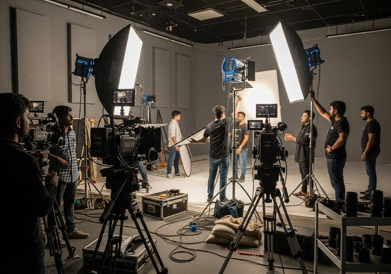 An Indian film crew with cameras and lights setting up a studio shoot