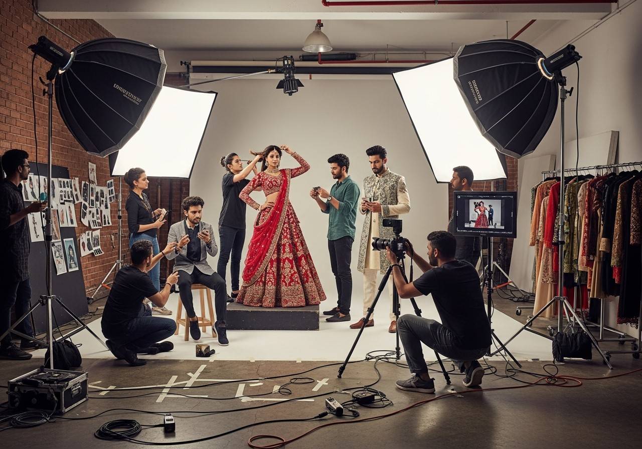 A bridal fashion shoot with a model in a red lehenga and a photography crew