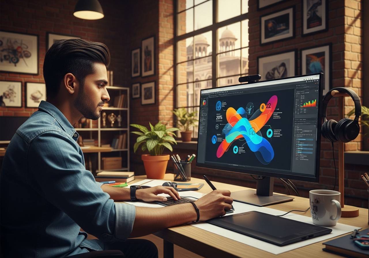 A designer working on colourful motion graphics at a large monitor