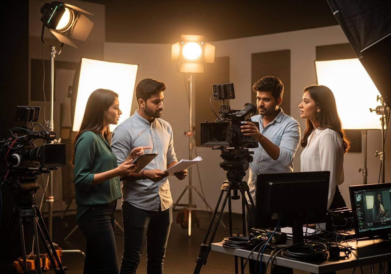An Indian film crew with cameras and lights setting up a studio shoot