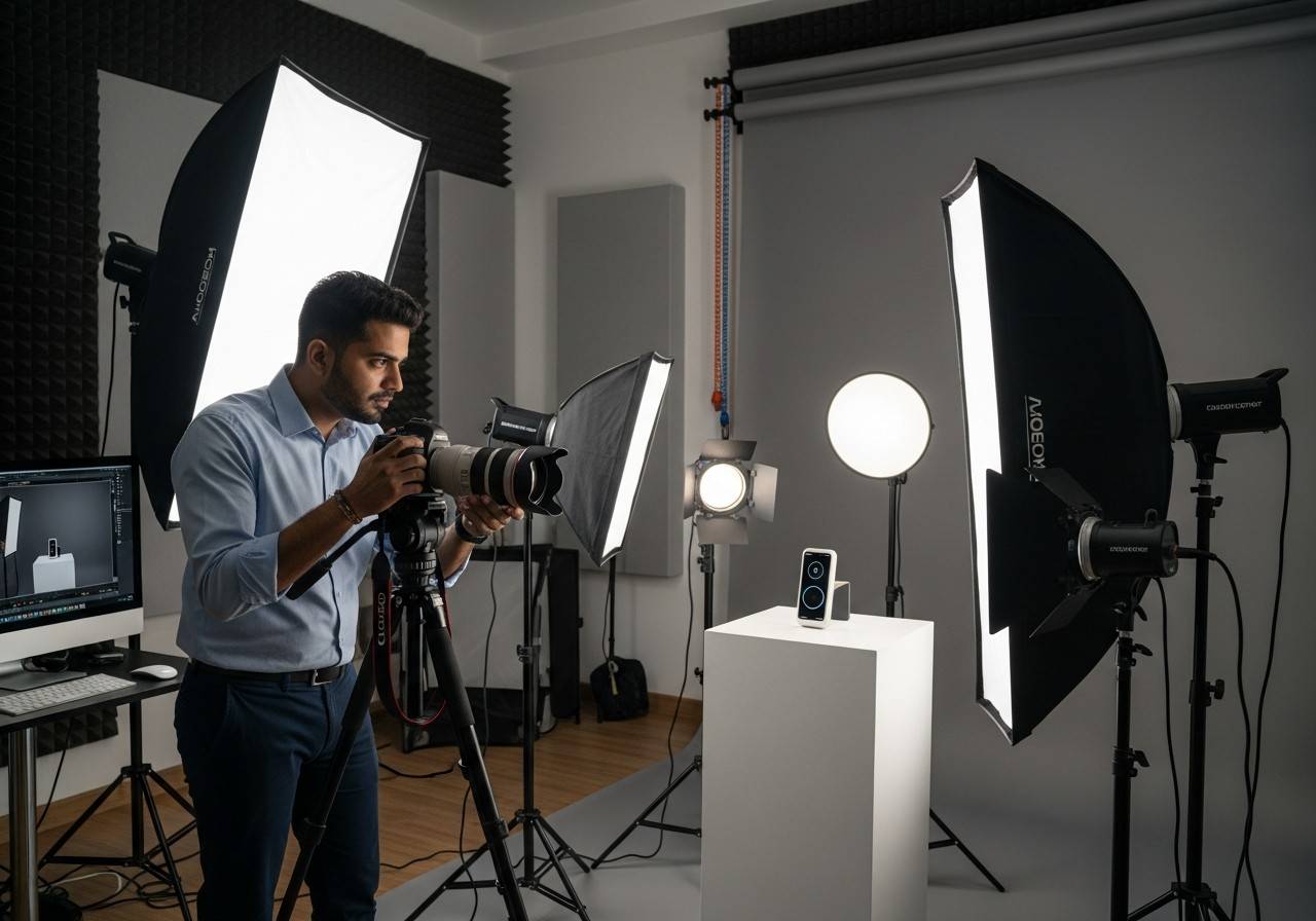 A photographer shooting a product under softbox lights