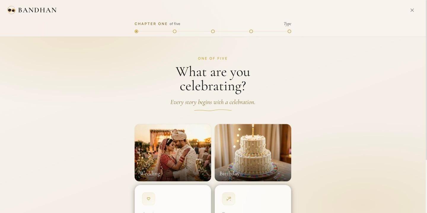 BandhanLive create-event flow, step one of five: choose wedding, birthday, anniversary or party