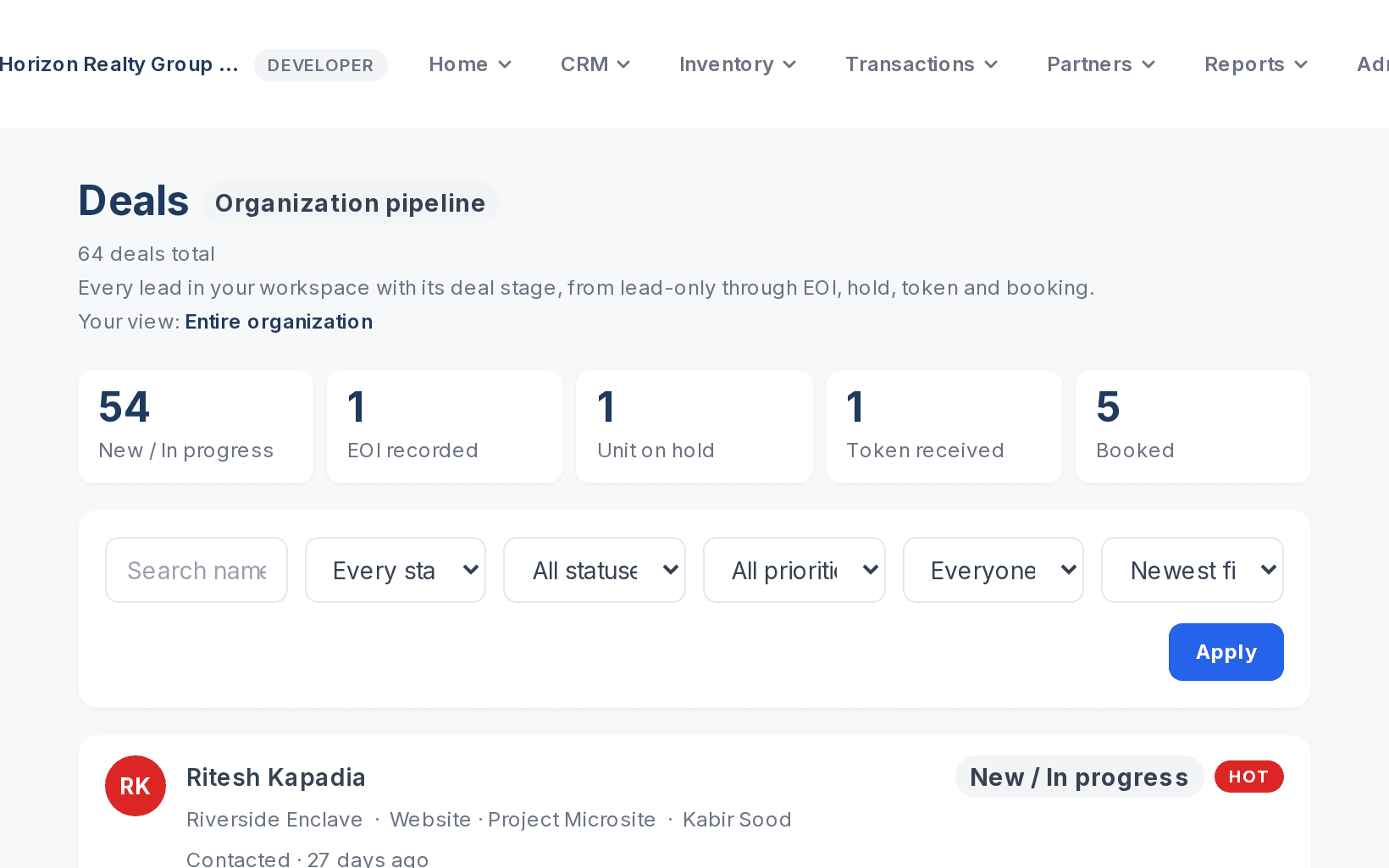 REOS deals view counting leads by stage: in progress, EOI recorded, unit on hold, token received and booked