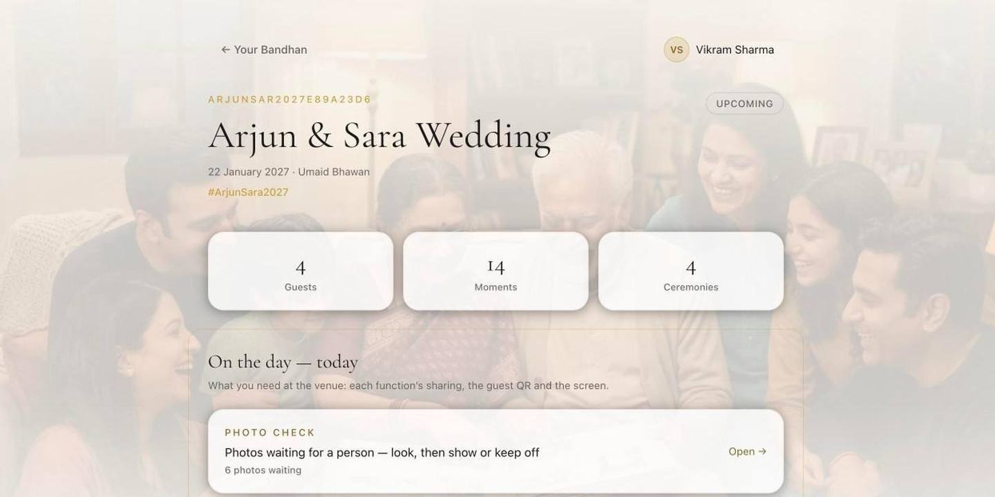 BandhanLive event page for a wedding with guests, moments and ceremonies, and a photo check waiting for approval