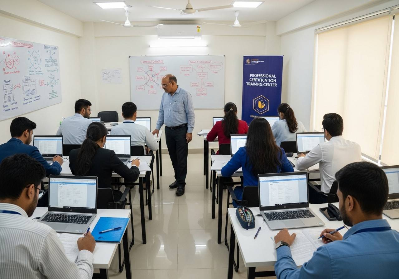 A trainer guiding learners at computers in a training lab