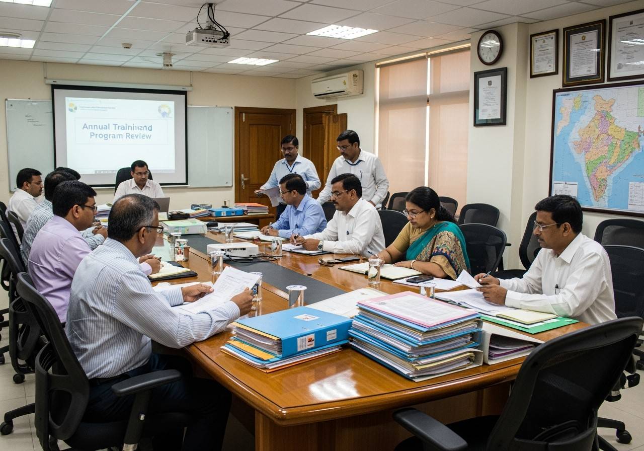 Officials reviewing programme documents around a conference table