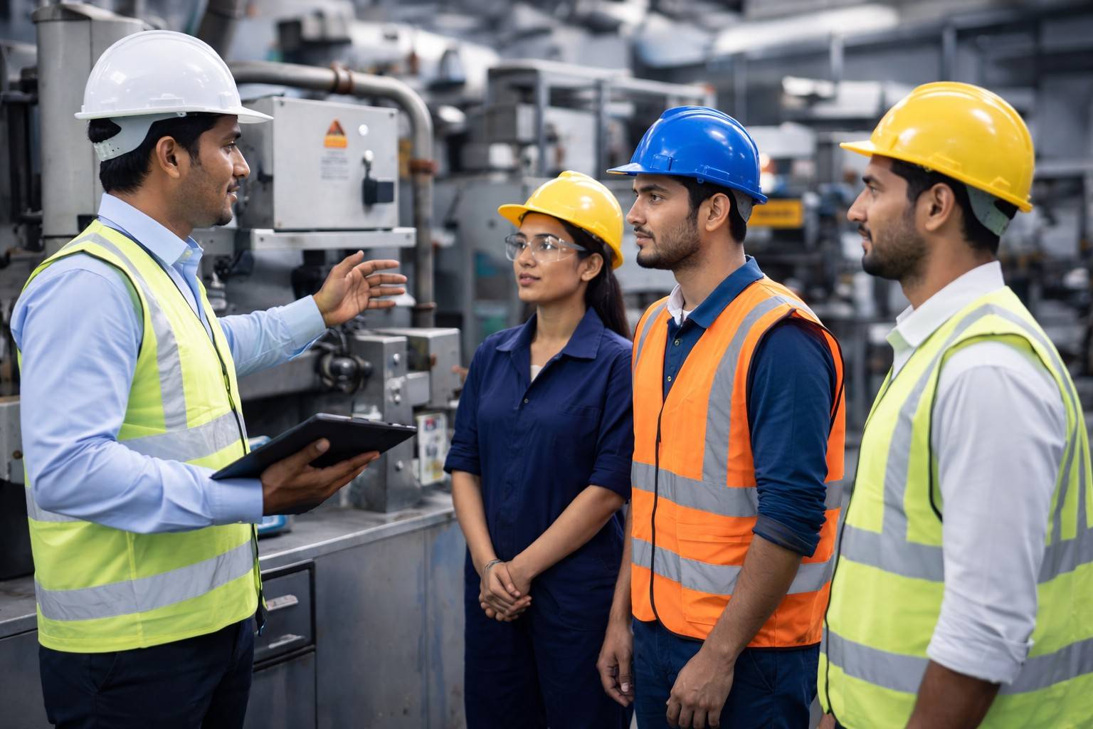 A supervisor with a tablet briefing trainees in hard hats and safety vests on a factory floor