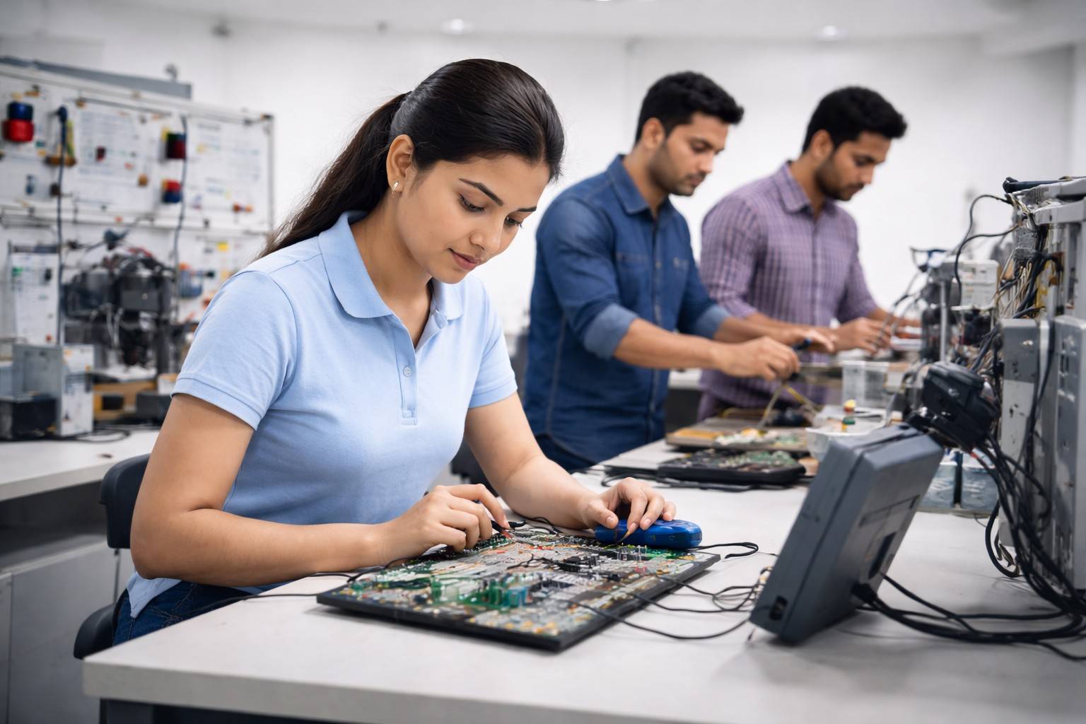 Students soldering and testing circuit boards in an electronics lab