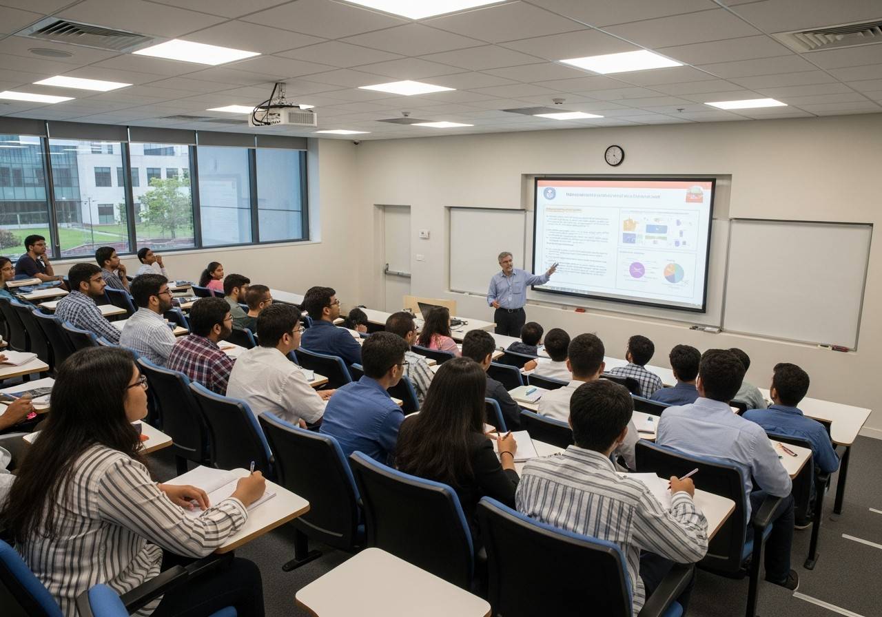 A lecturer teaching a full classroom with slides on a projector