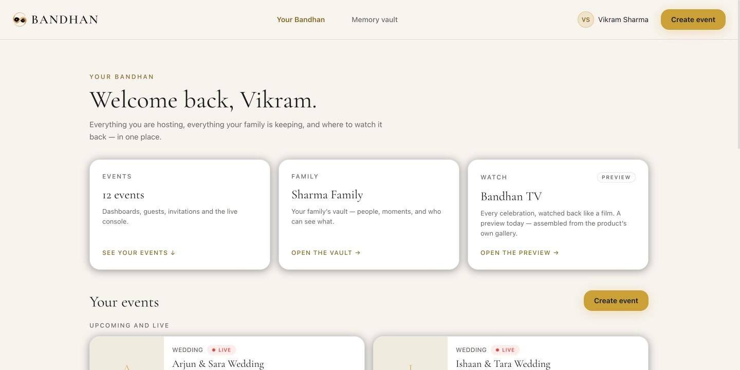 BandhanLive host home with events, the family vault and a watch-back preview