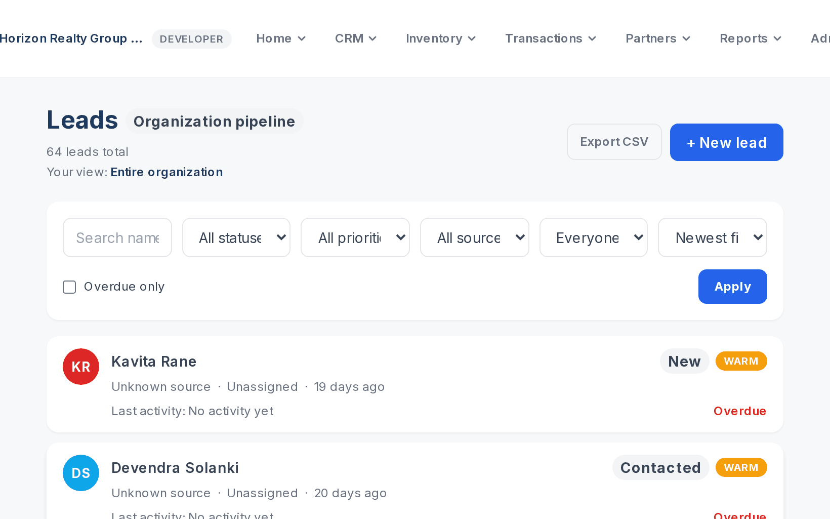 REOS lead list with status, priority, source, owner and overdue flags on every lead