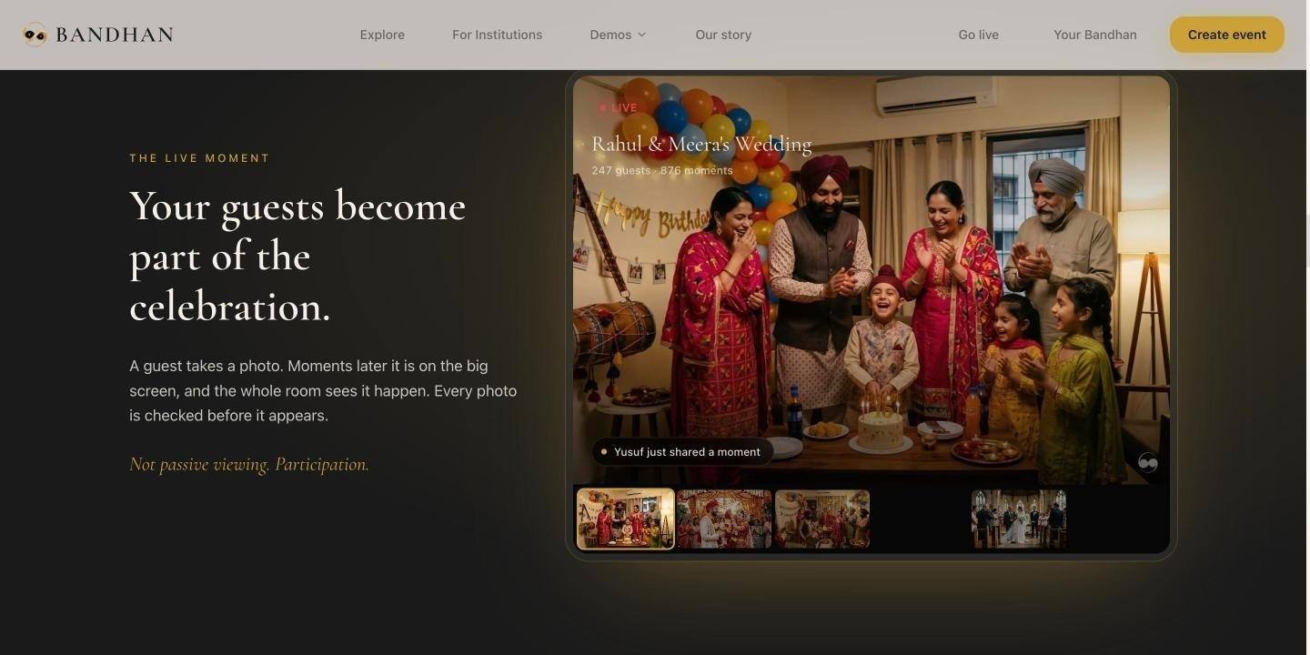 BandhanLive live screen: a family celebration photo on the big screen with a note that a guest just shared a moment