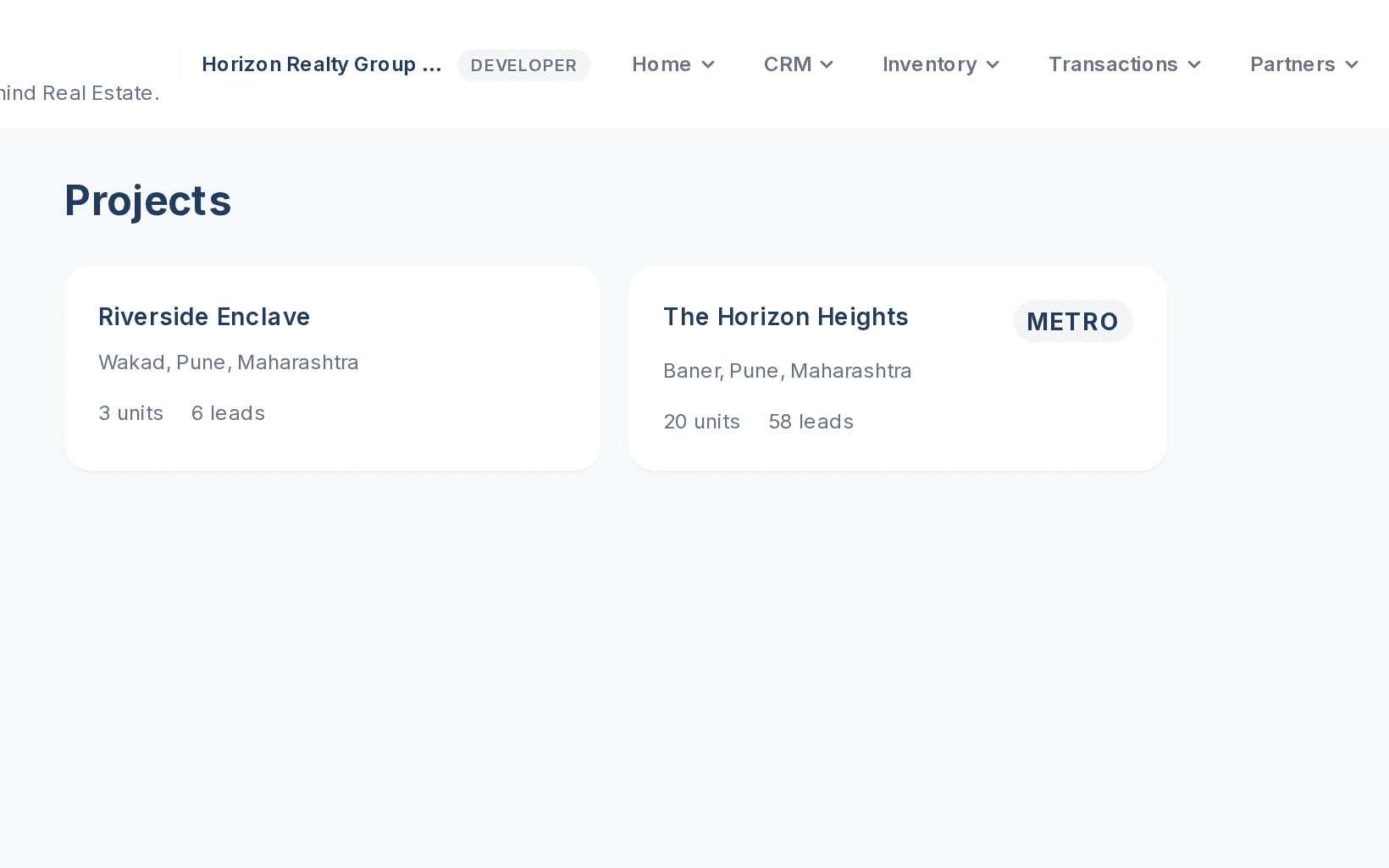 REOS projects screen with two residential projects in Pune and their units and leads