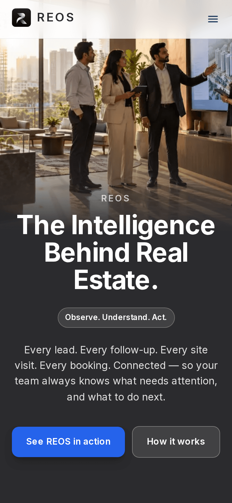 The REOS marketing site on a phone: The Intelligence Behind Real Estate