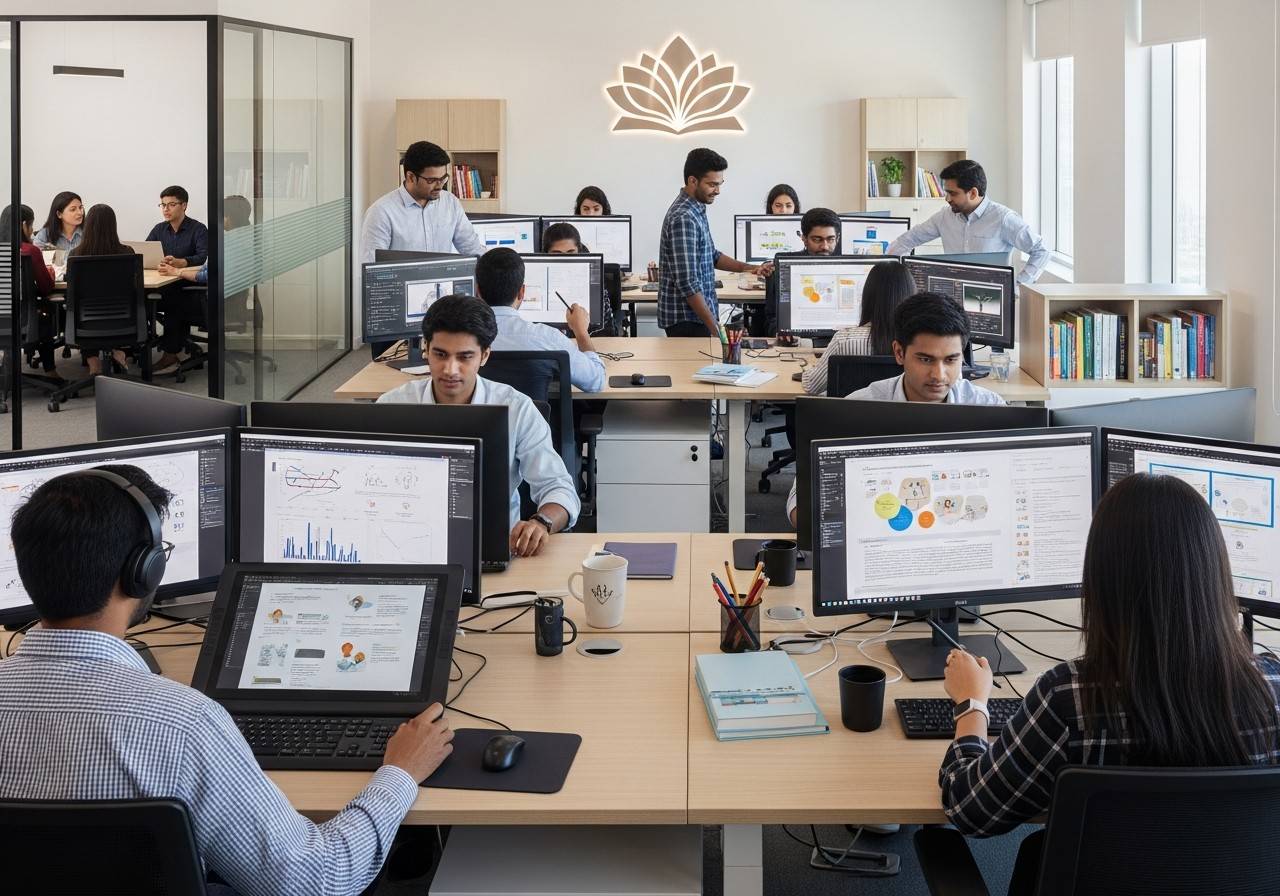Designers and developers working at large monitors in a studio