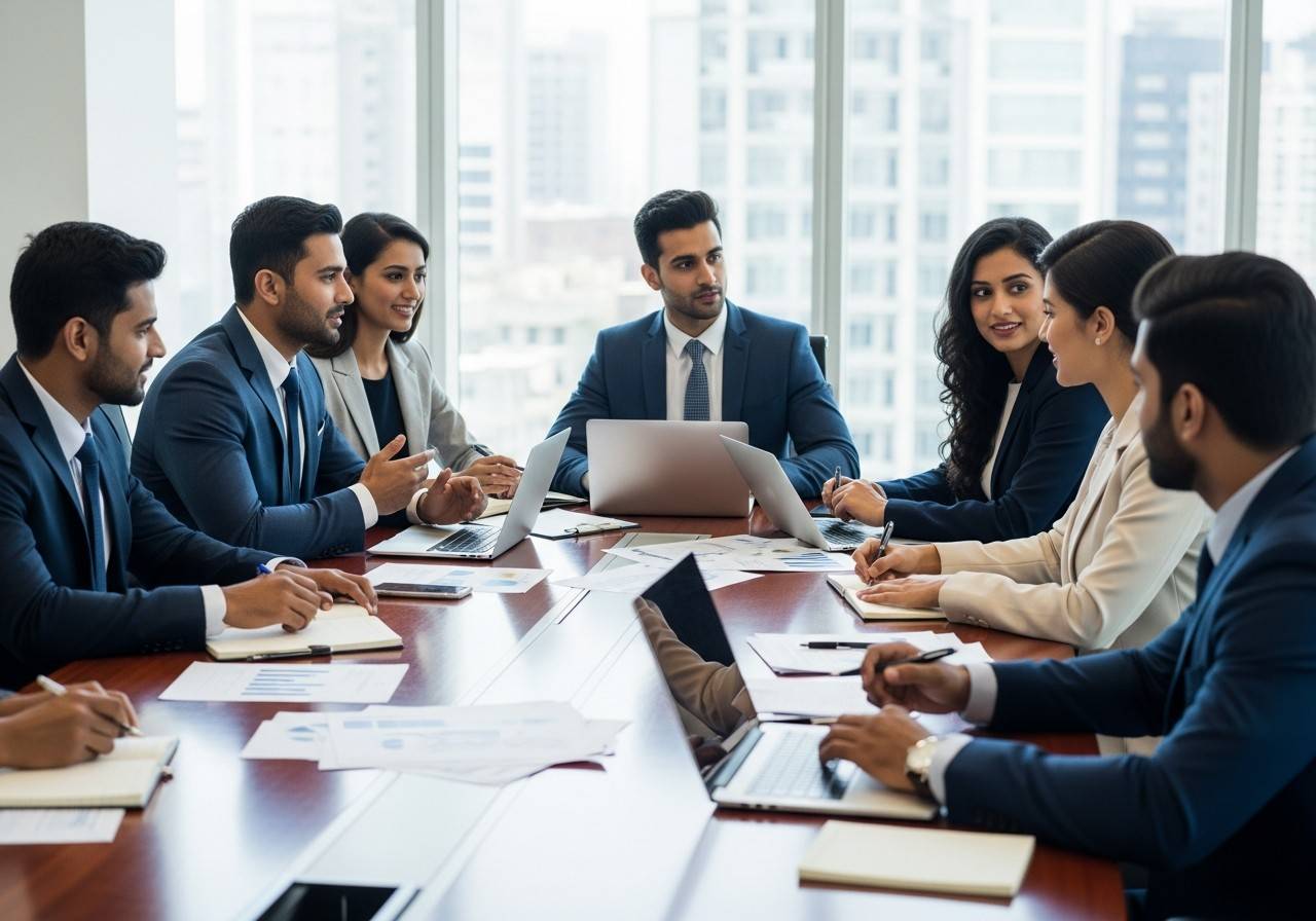 The team around a meeting table, planning a project