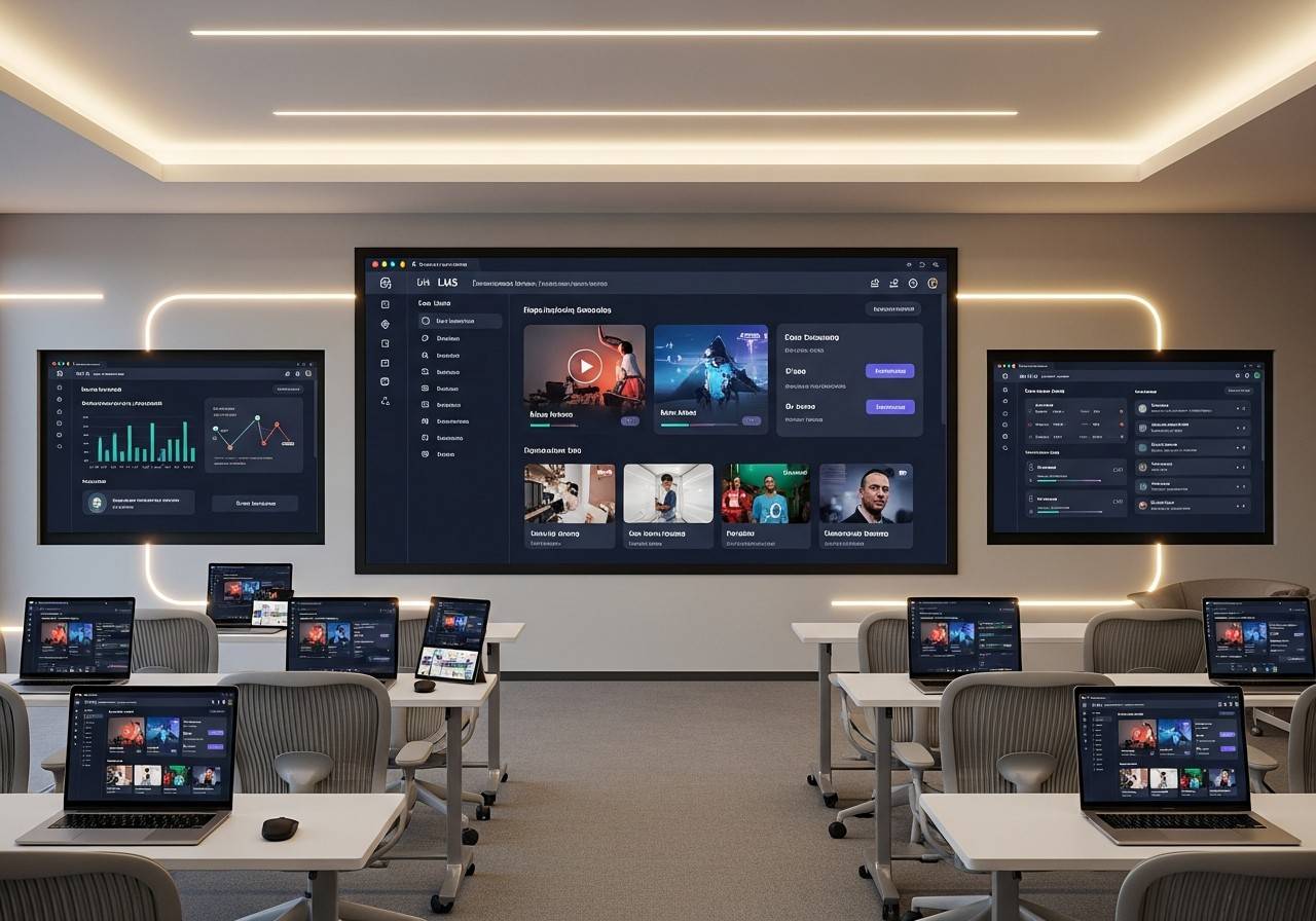 An edit suite with large screens in a darkened room